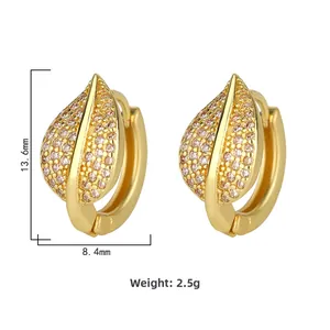 Detail showing leaf earrings dimensions 13.6mm by 8.4mm with pink pavé crystals