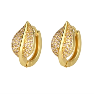 Close-up of gold leaf-shaped hoop earrings with micro-pave pink cubic zirconia stones