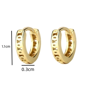 Detailed size view of gold mini hoop earrings showing 1.1cm height and hollow geometric pattern
