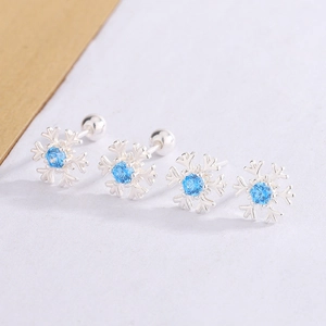 Delicate Snowflake Stud Earrings Copper With Blue Cubic Zirconia Light Luxury Winter Jewelry Accessory For Women