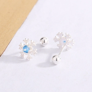 Elegant snowflake silver stud earrings with blue cubic zirconia and secure screw back