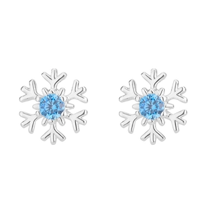 Detailed view of silver snowflake earrings with round light blue cubic zirconia