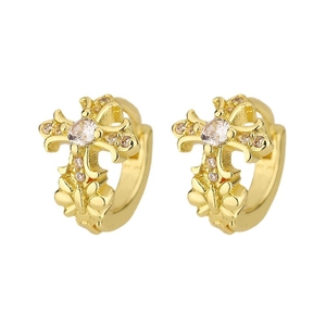 Golden huggie earrings with hollow cross design and clear zirconia crystals