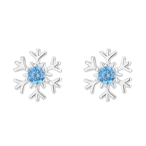 Elegant silver snowflake stud earrings with central blue crystal stone in a 6-petal design