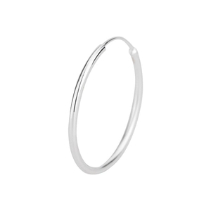 Macro shot of silver oversized hoop earrings with high-polish finish on white background