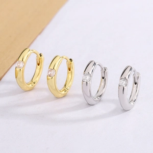 Minimalist Round Hoop Earrings Brass With Single Cubic Zirconia Polished Elegant Geometric Jewelry For Women