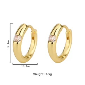 Detail view of gold hoop earrings with zircon inlay showing size 14.7mm and weight 2.5g