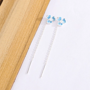 Elegant blue iris long threader earrings with enamel flower design and zircon centers