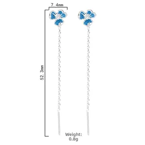 Detail of blue iris flower threader earrings with 52.3mm length and 0.8g weight