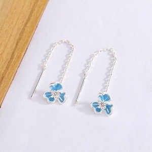 Blue Iris Flower Threader Earrings Copper Enamel Drip Glaze Zircon Floral Long Chain Tassel Earrings Sweet Jewelry For Women