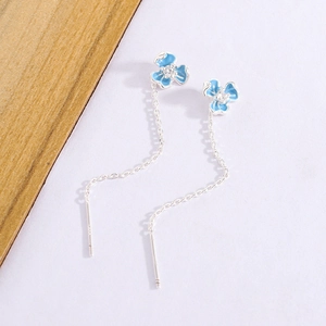 Blue enamel iris flower pull-through earrings with zircon center and silver long chains