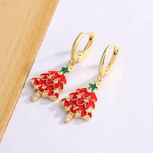 Boucles D Oreilles Créoles Sapin De Noël Rouge Avec Émail Zircone Et Tige En Argent Sterling 925 Bijoux De Fête Pour Femmes