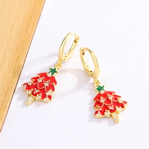 Boucles d'oreilles sapin de Noël en émail rouge avec crochets en argent S925 et étoiles