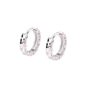 Shiny silver hoop earrings with crushed ice texture and sparkling diamond-cut finish