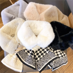 Women Winter Warm Faux Fur Spliced Knitted Scarf Neck Warmer Cross Geometric Houndstooth Elegant Korean Style Accessory