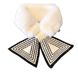 Knitted faux fur crossover winter scarf with black and white geometric pattern