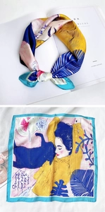 Détail du foulard carré en soie avec illustration d'une fille et d'un chat coloré