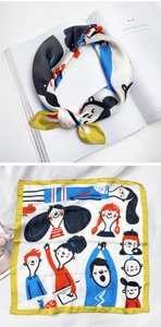Carré en soie artistique avec imprimés de dessins animés et détails de bordure jaune gingembre