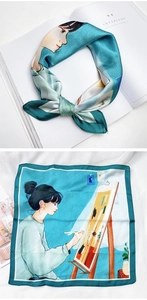 Carré de soie artistique avec illustration de peinture et bordure bleu clair