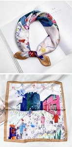 Carré de soie artistique avec motifs de châteaux illustrés sur un magazine
