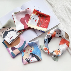 Carré de soie aux motifs illustrés de chats et de filles style artistique