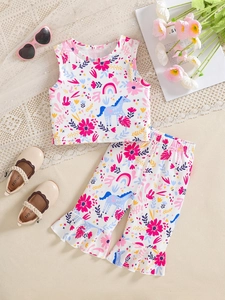 Girls Clothing Set Cartoon Unicorn Rainbow Print Sleeveless Vest Top And Flared Pants Casual Summer Outfit