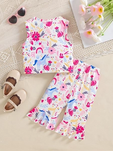 Girls casual floral vest and ruffle pants set with pink flowers and horse print
