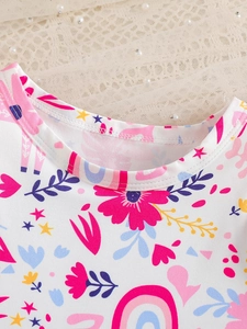 Girls' summer set featuring round neck floral print with rainbow and star patterns