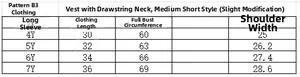 Size chart for girls vest top showing length and chest measurements for ages 4 to 7