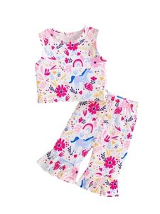 Girls summer two-piece outfit featuring unicorn and floral prints on vest and flared pants