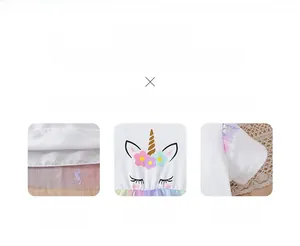 Detail view of cotton unicorn dress featuring rainbow flowers and a golden glitter horn