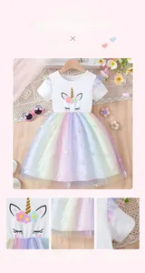 Detail of embroidered unicorn and colorful mesh rainbow dress for little girls