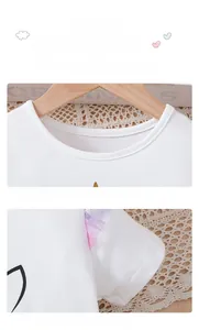 Detail of round neckline and elastic tulle sleeves on a girls cotton unicorn dress