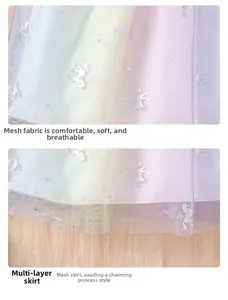 Detail of multi-layered rainbow mesh skirt with silver unicorn and heart patterns