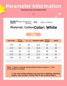 Size chart detail for girls' white cotton unicorn princess dress from 90cm to 140cm