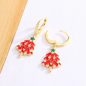 Boucles d'oreilles sapin de Noël dorées avec émail rouge et cristaux blancs brillants