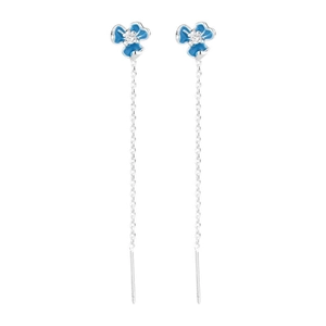 Blue iris floral threader earrings in silver finish with sparkling zircon accents