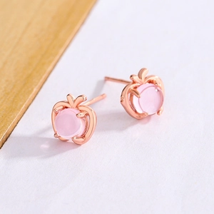 Natural pink quartz apple stud earrings with 18k rose gold finish for women