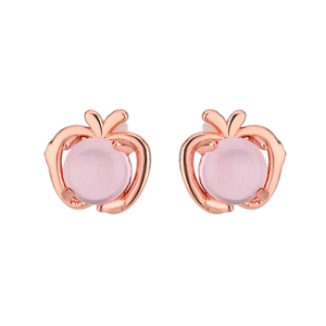 Detailed view of apple-shaped earrings with pink quartz in 18k rose gold plating