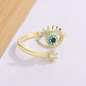 Evil eye open adjustable ring in gold plating with blue zircon and sparkling accents