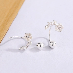 Elegant matte silver flower earrings with zircon leaf detail and secure screw back closure