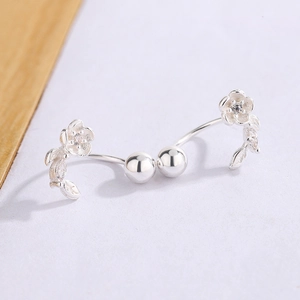 Exquisite silver floral stud earrings with tiny zircons and smooth metal ball ends