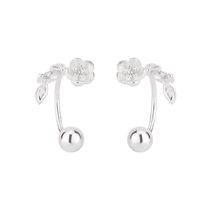 Silver flower stud earrings with crystal leaf accents and screw ball back closure