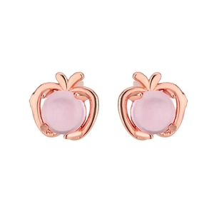 Elegant 18k rose gold apple-shaped stud earrings featuring natural pink crystal stones