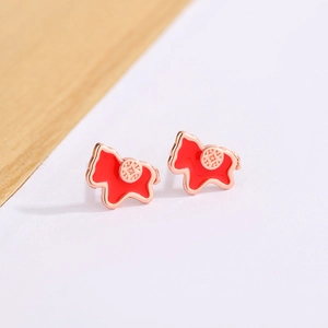 New Year Red Dala Horse Stud Earrings with Rose Gold Finish and Chinese Coin Pattern