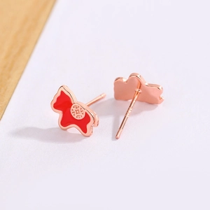 Elegant rose gold dog stud earrings with red enamel and S925 silver stamp