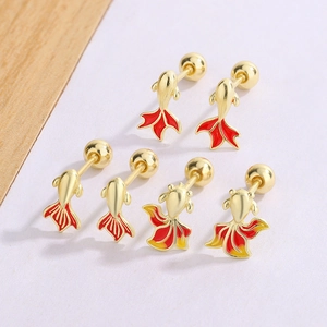 Goldfish Stud Earrings Copper Enamel With 925 Sterling Silver Earring Post Screw Back Lucky Koi Vintage For Women