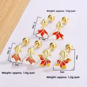 Macro detail of red koi fish earrings with screw back and dimensions in mm