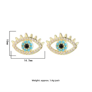 Detailed view of evil eye stud earrings with turquoise accents and size dimensions