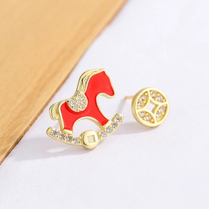 Boucles D'oreilles Asymétriques Cheval À Bascule Et Pièce Cuivre Émail Strass Bijoux Femmes